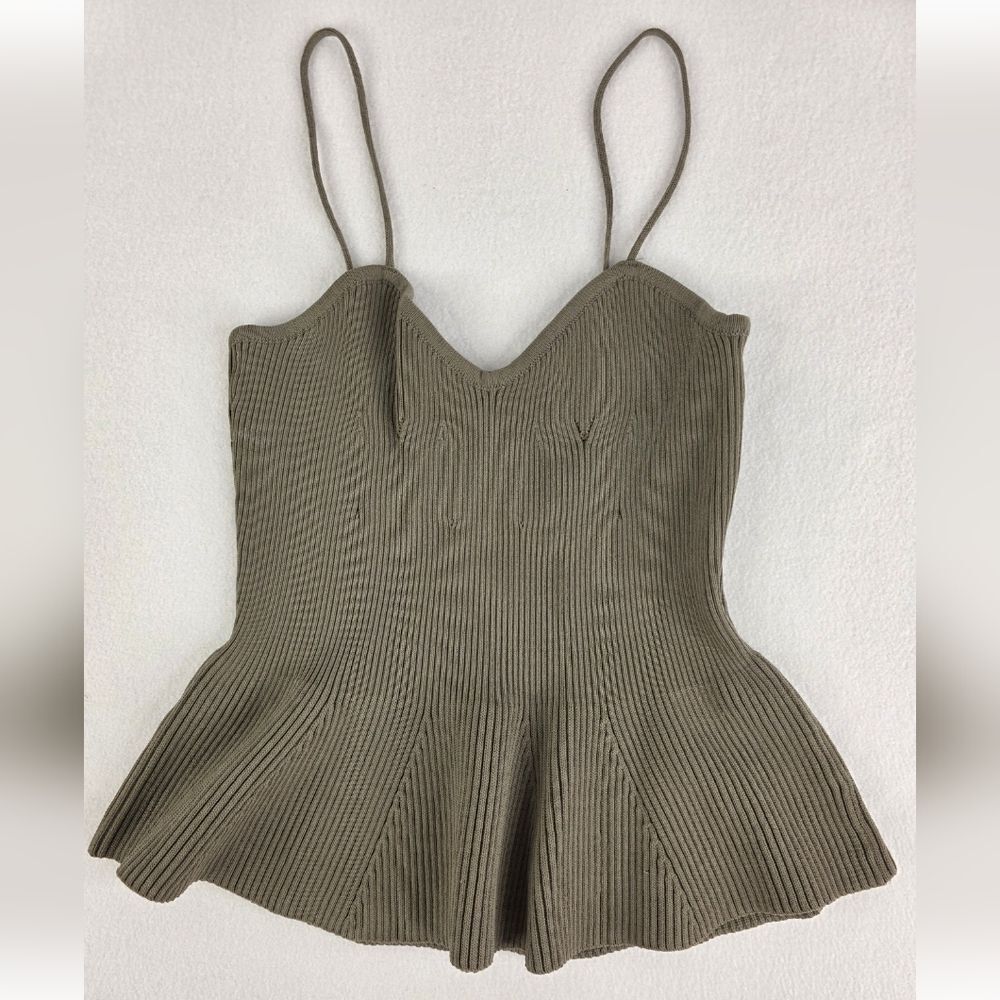 Debut M/L Ribbed Knit Peplum Cami Top in Olive 2596-M